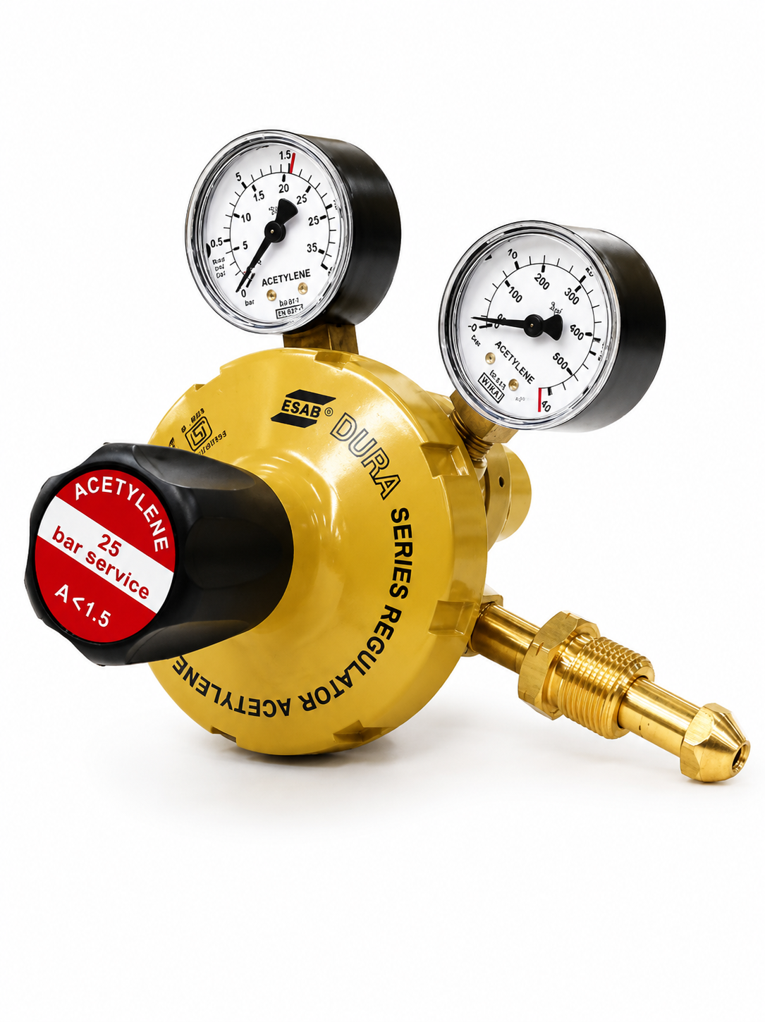 file_00000000eec081faaec420b668af12fc ESAB DURA A-1.5 Acetylene Double Stage Regulator – 1.5 Bar Output – ISI Certified, ISO Gauges – Heavy-Duty Gas Pressure Regulator for Welding, Cutting & Heating – 40 Bar Inlet - Image 1